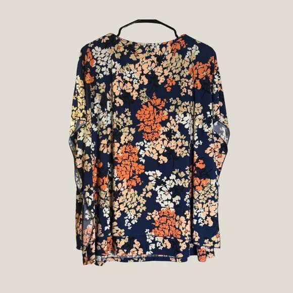 Roz & Ali /Dressbarn 2X Plus Size Navy Blue Orange Floral Tunic Top Blouse Flowy - Picture 2 of 6
